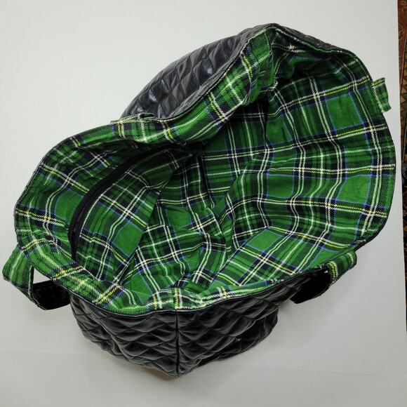 Fashion Express Quilted Reversible Faux Black Leather & Green Plaid Strap Tote - Picture 5 of 6